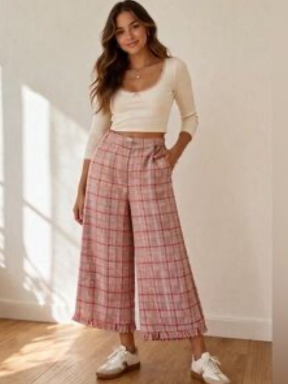 VENUS Red and White Tweed Pants